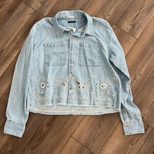 NWT MOTHER The Roomie Double Frenchie Crop Shirt Sz L
